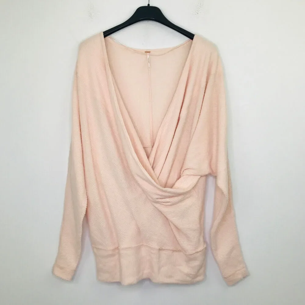 Free People Womens Small Sweater Pink Cozy With You Pullover Draped Surplice BV5